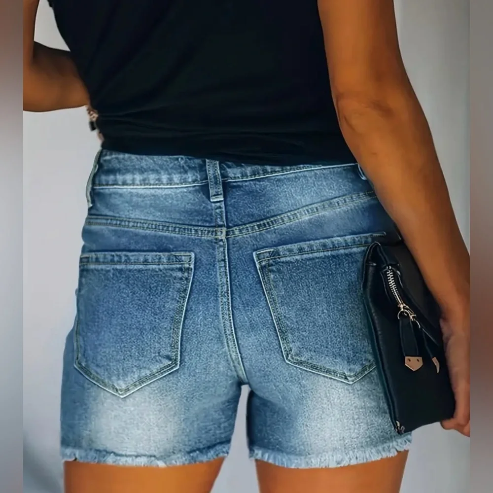 Women’s Blue Frayed Hem Denim Shorts - Picture 2 of 8